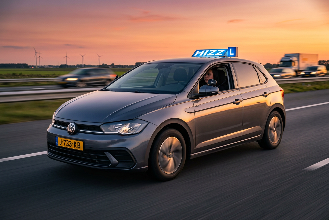 Lesauto Volkswagen Polo van Rijschool Hizz rijdend bij zonsondergang